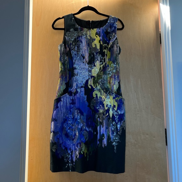 Elie Tahari Blue Purple Sheath Dress, Abstract Jewel Pattern Sequins Pockets, 6 - Picture 11 of 11